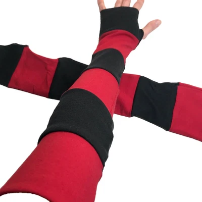 Long Striped Gloves Red Hand Warmers Black Armwarmers Patchwork Sleeves Psy Goth - Image 1 of 4