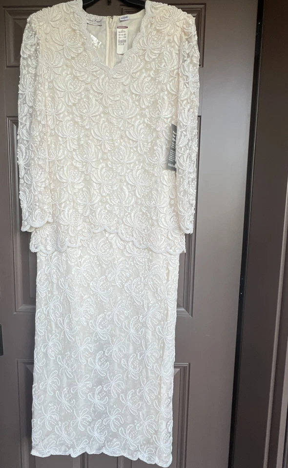 Vestido De Colección Laurence Kazar Cuentas Crema Elegante Perla Floral Encaje Formal Boda Foto 1 de 4