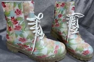 Dirty Laundry Chinese Womens Roadie Rain Boots White Hawaiian Floral Flower - Picture 1 of 14