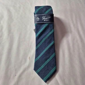 Original Penguin Men's Tie Diagonal Stripe Skinny Cotton Blend Blue Green (49) - Picture 1 of 7