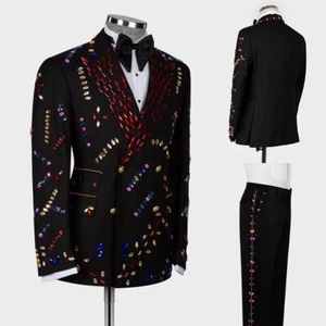 Luxury Men Suits Rhinestone Bead Regular Fit Double Breasted Formal Tuxedos Wear - Picture 1 of 19