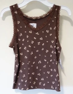 NWT Gap Teen Brown Ribbed Knit Floral Lace Trimmed Tank Top Girl's Size 12 - Picture 1 of 2