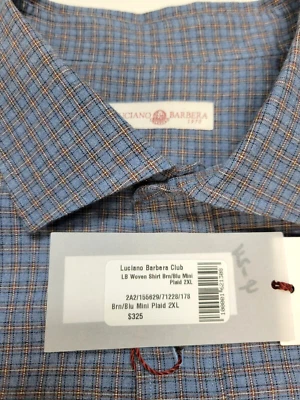 New LUCIANO BARBERA Mini Check Button Sport Shirt Men's 2XL XXL Navy Brown $325 - Image 1 of 4