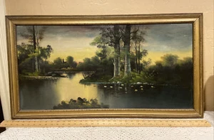 Arte paisajístico antiguo firmado al óleo sobre cartón de 16x32"" de colección con marco original - Imagen 1 de 13