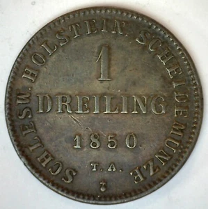 1850 German States SCHLESWIG-HOLSTEIN Dreiling Copper World Coin Germany XF - Picture 1 of 2