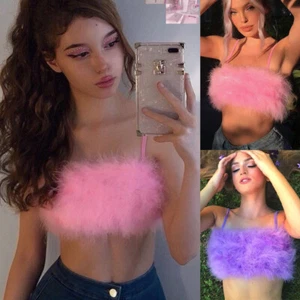UK Womens Faux Fur Vest Crop Tops Shaggy Strappy Boob Tube Cami Shirts Tank SEXY - Picture 1 of 26