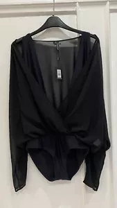 Calvin Klein Long Sleeve Wrap Black Bodysuit Shirt Blouse Top SizeS BNWT RRP£99 - Picture 1 of 11