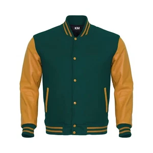 Letterman Jacket Forest Green Body Gold Leather Sleeves Varsity Jacket Men L - Picture 1 of 5