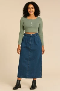 90s Y2K Denim Maxi Skirt Size 6 Pockets And Pleats - Picture 1 of 10