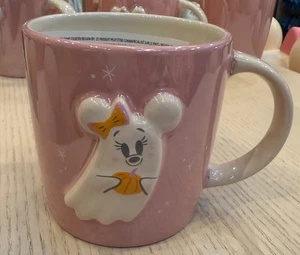Disney Parks 2025 Halloween Minnie Mouse Ghost Pink Ceramic Coffee Mug Black Cat - Picture 1 of 2