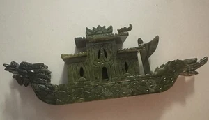 Chinese Hand Carved 100% Natural Jade Dragon Incense statue Dragon Boat - Picture 1 of 11