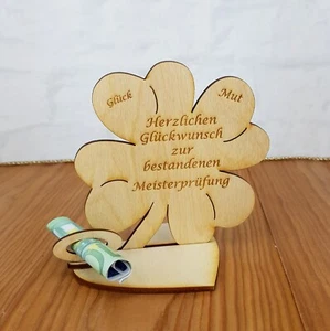Regalo para examen maestro con nombre deseado trébol 11 cm de madera regalo en efectivo - Imagen 1 de 6