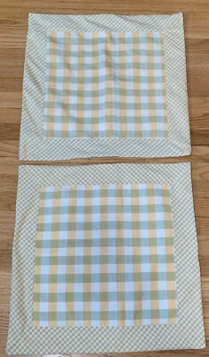 Set of 2 Pottery Barn Pillow Shams Check Plaid Yellow Green Buttons 21x21 Square - Image 1 of 4
