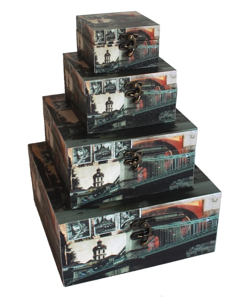 489 Holz Box 4er Set Leinenoptik Schatzkiste Stamp Budapest Städtedesign - Bild 1 von 4