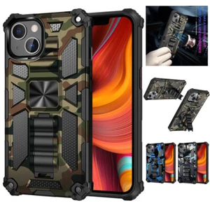 For iPhone 13 11 12 Pro Max XS XR 6 7 8 Magnetic Camouflage Kickstand Hard Case - Picture 1 of 16