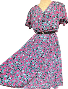 Vintage Dress Floral Pink Green Blk Full Skirt Fit Modern 12 14 - Picture 1 of 12