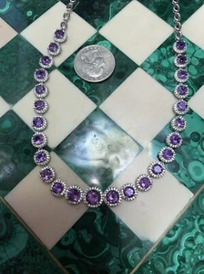 Genuine Natural Amyethist Necklace 14k W Gold Plated 925 Silver With Sapphires - Picture 1 of 8