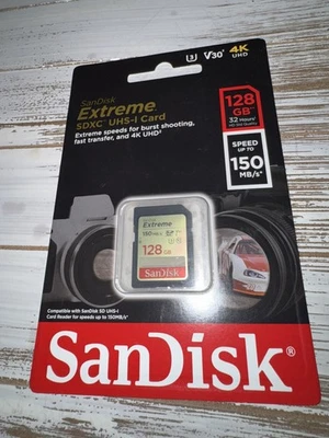 SanDisk Extreme 128GB SDXC UHS-l Card 32 Hours speed up to 150MB 4K UHD - Image 1 of 2