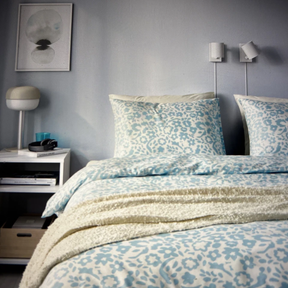 ❤️Ikea CYMBALBLOMMA Funda Nórdica Doble con Funda de Almohada Juego de Cama Blanco Azul Floral NUEVO Foto 1 de 4