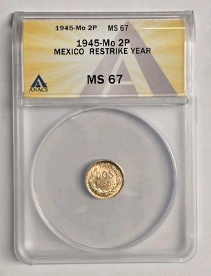 Oro México 1945 2 pesos 0,0482 AGW KM# 461 ANACS MS67 Foto 1 de 2