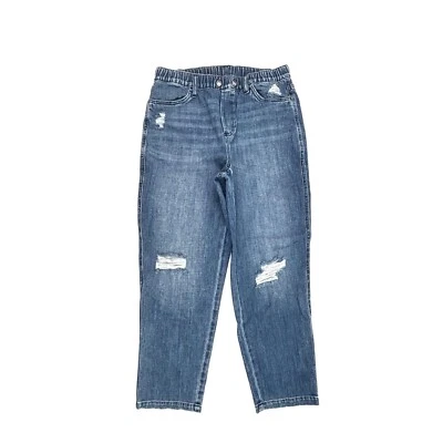 Aerie Pull On Elastic Waists Distressed Straight Women's size M Blue Denim Jeans - Image 1 of 4