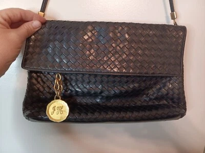 Vintage Jay Herbert Woven Black Leather Purse Long Strap, Soft Heavy Gold Emblem - Image 1 of 4