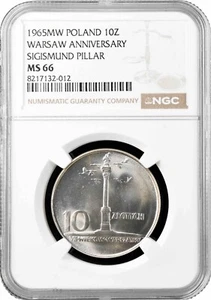 Poland 10 zlotych 1965 MW, NGC MS66, "700th Anniv.- Warsaw, Sigismund Pillar" - Picture 1 of 2