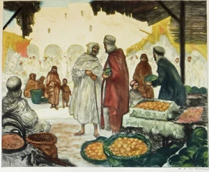 William Adolphe Lambrecht handkolorierte Radierung Souk a’ Gabes Tunesien - RESTAURIERT - Bild 1 von 6
