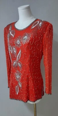 Top con cuentas de lentejuelas rojas plateadas vintage años 80 Ramana SILK Art Deco M Foto 1 de 4