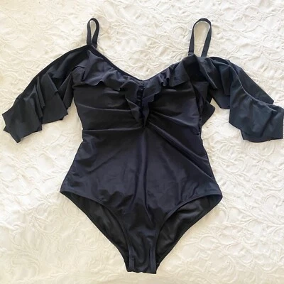 Nicole Miller Womens 1 PC Ruffled Cold Shoulder Swimsuit in Black Sz Large Suit - Image 1 of 4