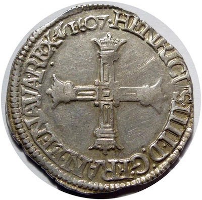 Henri IV Quart d'écu, croix batonnée et couronnée de face 1607 Saint-Lô - Photo 1/2