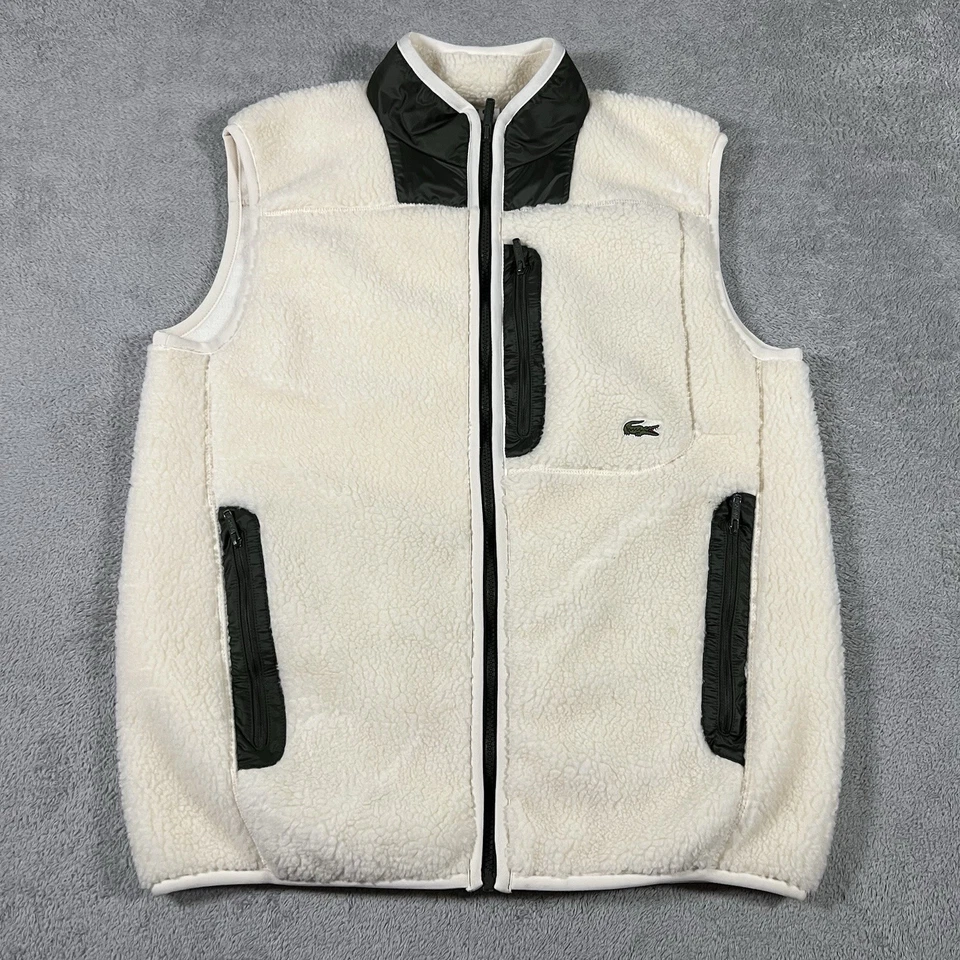 Lacoste 背心夹克男式小号象牙色夏尔巴羊毛全拉链口袋 — 第 1/4 张图片
