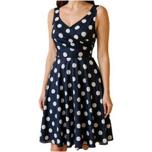 Jacques Vert Petite Navy White Polka Dot Sleeveless Fit & Flare Dress UK 10 - Picture 1 of 7