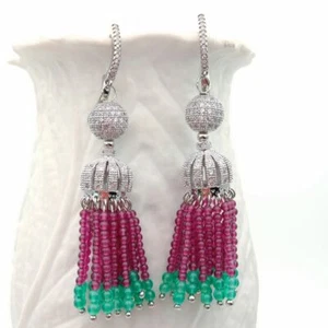 Round Red Garnet Green Cz Pave lever back Jade Earrings - Picture 1 of 7