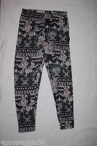 Girls Leggings GRAY BLACK PINK WHITE Soft Fleece ROSES ZIG ZAG Abstract XL 14-16 - Picture 1 of 2