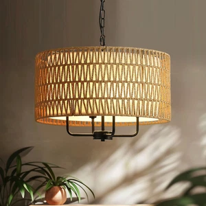Rattan Farmhouse Chandelier, 4 Lights Boho Large Pendant Light, Large Wicker Cha - Picture 1 of 7