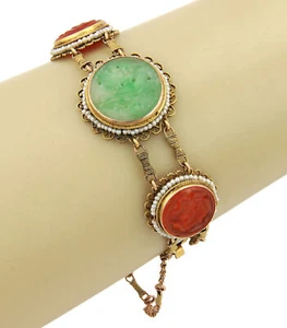 Green Jade Carnelian & Seed Pearl 14k Yellow Gold Bracelet - Picture 1 of 3