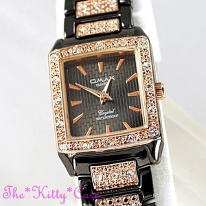 OMAX Bronze Brown & Rose Gold Seiko Movt Swarovski Crystal Art Deco Watch JE0444 - Picture 1 of 12
