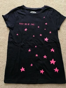OshKosh Girls Navy 'Reach For The Stars' Short Sleeve Shirt Pink Stars Sz 10 EUC - Picture 1 of 2