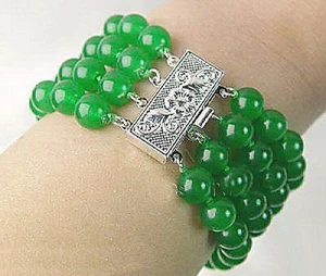 4 Rows 8mm Genuine Green Jade Beads 18KWGP Flower Clasp Bangle Bracelet Women - Picture 1 of 3