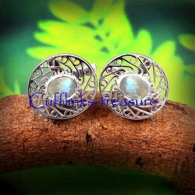 Gemas de piedras lunares naturales con gemelos de plata de ley 925 para hombre #390 Foto 1 de 4