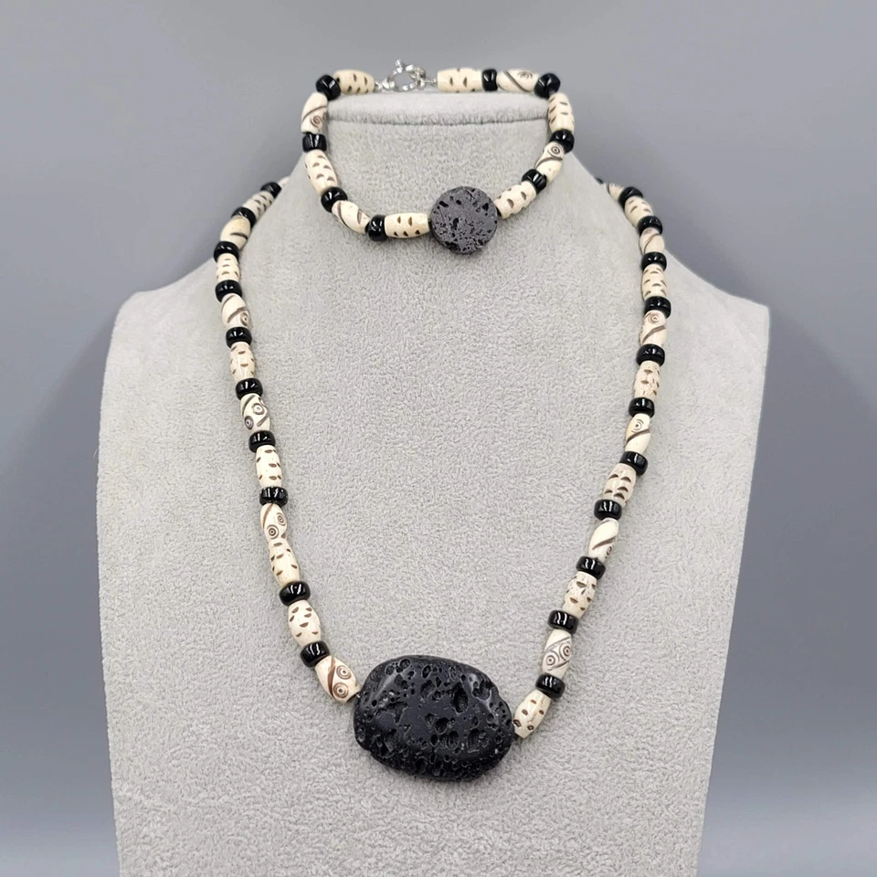 Conjunto de joyas de hueso de vaca talladas a mano con cuentas de lava negra collar pulsera Foto 1 de 4