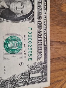 00002905. $1 FRN Fancy 4 Digit, 4 0s Serial Number. - Picture 1 of 3