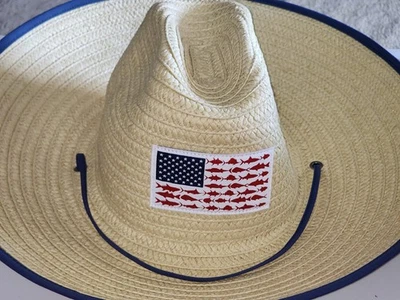 Chapéu de sol Columbia PFG pequeno/médio bandeira dos EUA com peixe salva-vidas aba larga palha em excelente estado usado - Imagem 1 de 4