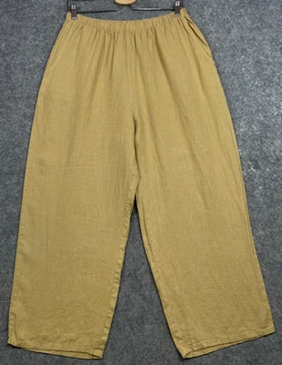 FLAX Linen Wide Leg Pants Womens M Mustard Yellow Gold Lagenlook Pull On Elastic - Image 1 of 4