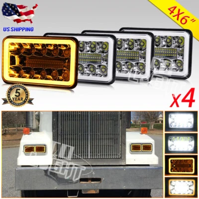 4PCS 4x6" LED Headlights Angel Eye Turn Signal DRL For Western Star 4900 1981-02 - Image 1 of 4