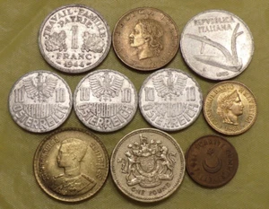 10 OLD WORLD COINS ITALY TURKEY FRANCE AUSTRIA SWITZERLAND ENGLAND 1944 TO 1993 - Picture 1 of 5