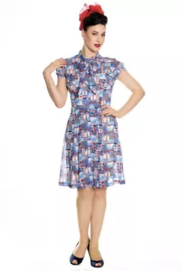 Hell Bunny Blue Nautical Boat Lighthouse 40s Style Tea Dress Pussy Bow M BNWOT - Picture 1 of 1