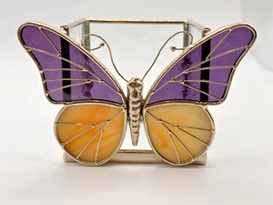 Stained Glass Butterfly Purple Tealight Candle Holder Silver Metal Cube Vintage - Picture 1 of 5