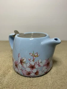 Ceramic Loose Leaf Teapot 20 oz Stainless Infuser Blue with Pink Cherry Blossoms - Picture 1 of 13